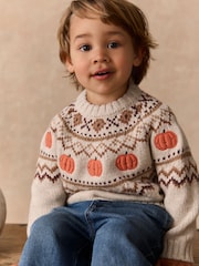 Neutral Pumpkin Fairisle Halloween Knitted Crew Neck Jumper (3mths-7yrs) - Image 4 of 8