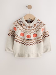Neutral Pumpkin Fairisle Halloween Knitted Crew Neck Jumper (3mths-7yrs) - Image 5 of 8