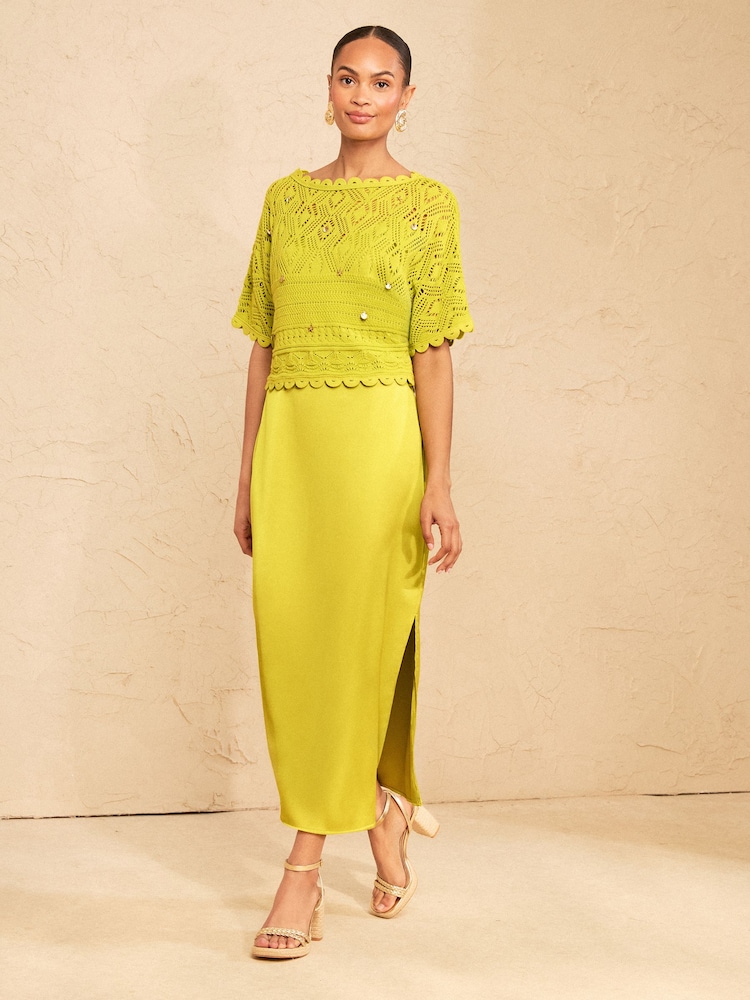 Love & Roses Chartreuse Green Knitted Crochet 2 in 1 Midi Dress With Nautical Charm Details - Image 1 of 4