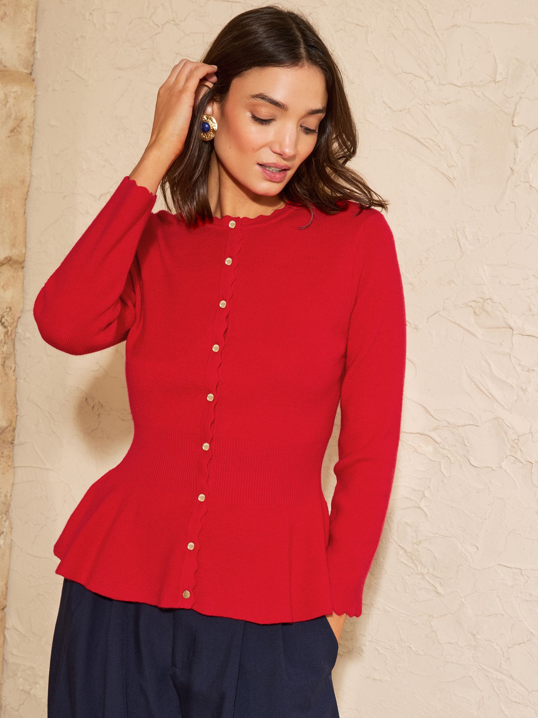 Buy Love & Roses Red Scallop Detail Crew Neck Peplum Cardigan from