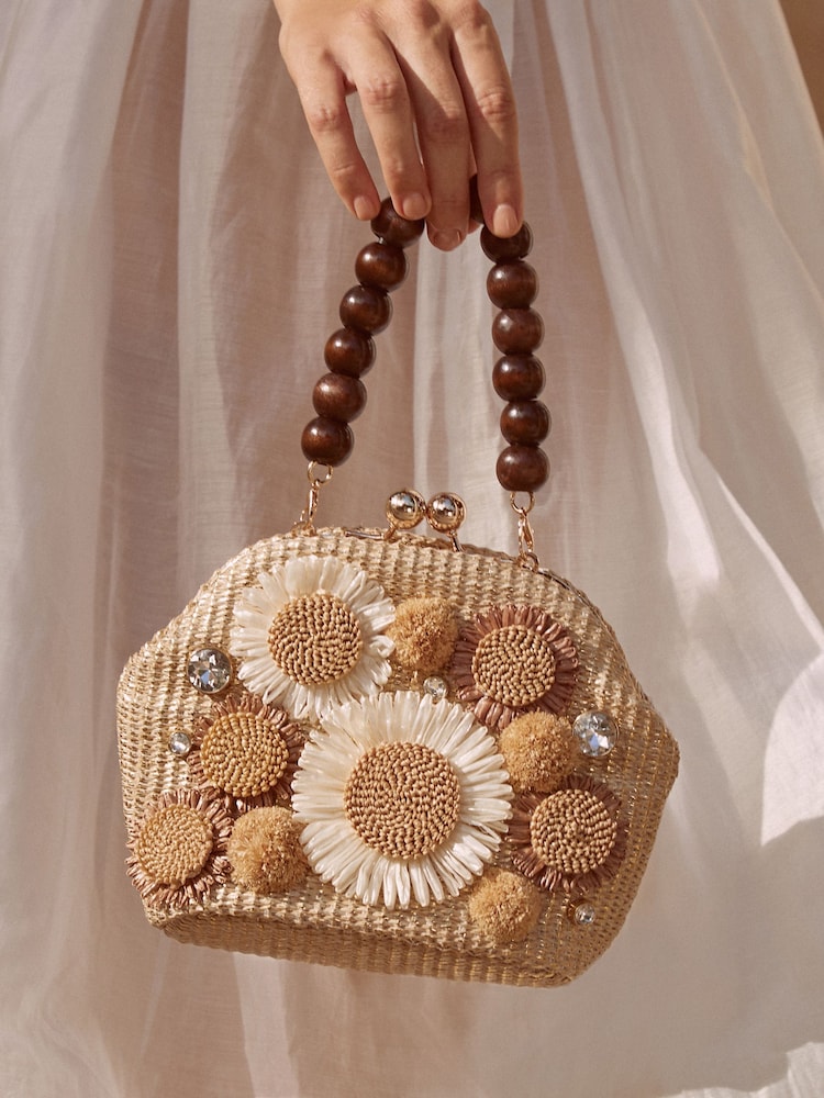 3D Flower Raffia Top Handle Clutch Bag - Bild 1 von 6