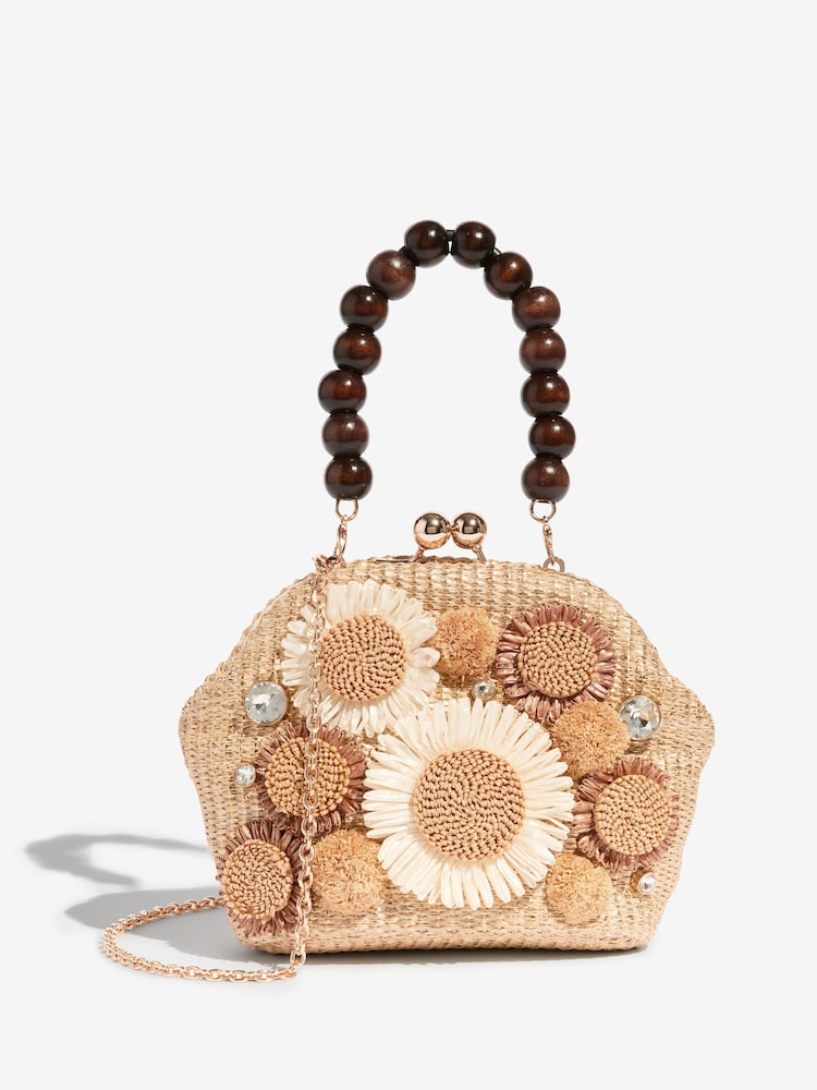 3D Flower Raffia Top Handle Clutch Bag - Bild 2 von 6