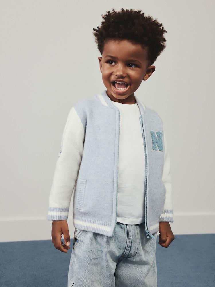 Blue Zip Through Varsity Bomber Cardigan (3mths-7yrs) - Image 1 of 8 Blue Zip Through Varsity Bomber Cardigan (3mths-7yrs) - Image 1 of 8