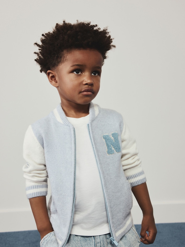 Blue Zip Through Varsity Bomber Cardigan (3mths-7yrs) - Image 2 of 8 Blue Zip Through Varsity Bomber Cardigan (3mths-7yrs) - Image 2 of 8