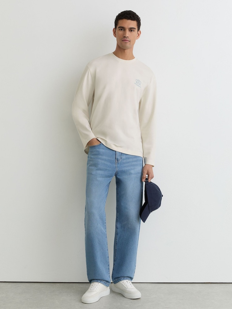 Reiss White Shelby Monogram Butter-Print Long-Sleeve Relaxed T-Shirt - Image 1 of 5