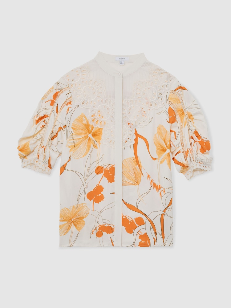Reiss Ivory/Pink Louisa Floral-Print Lace-Trim Blouse - Image 2 of 6