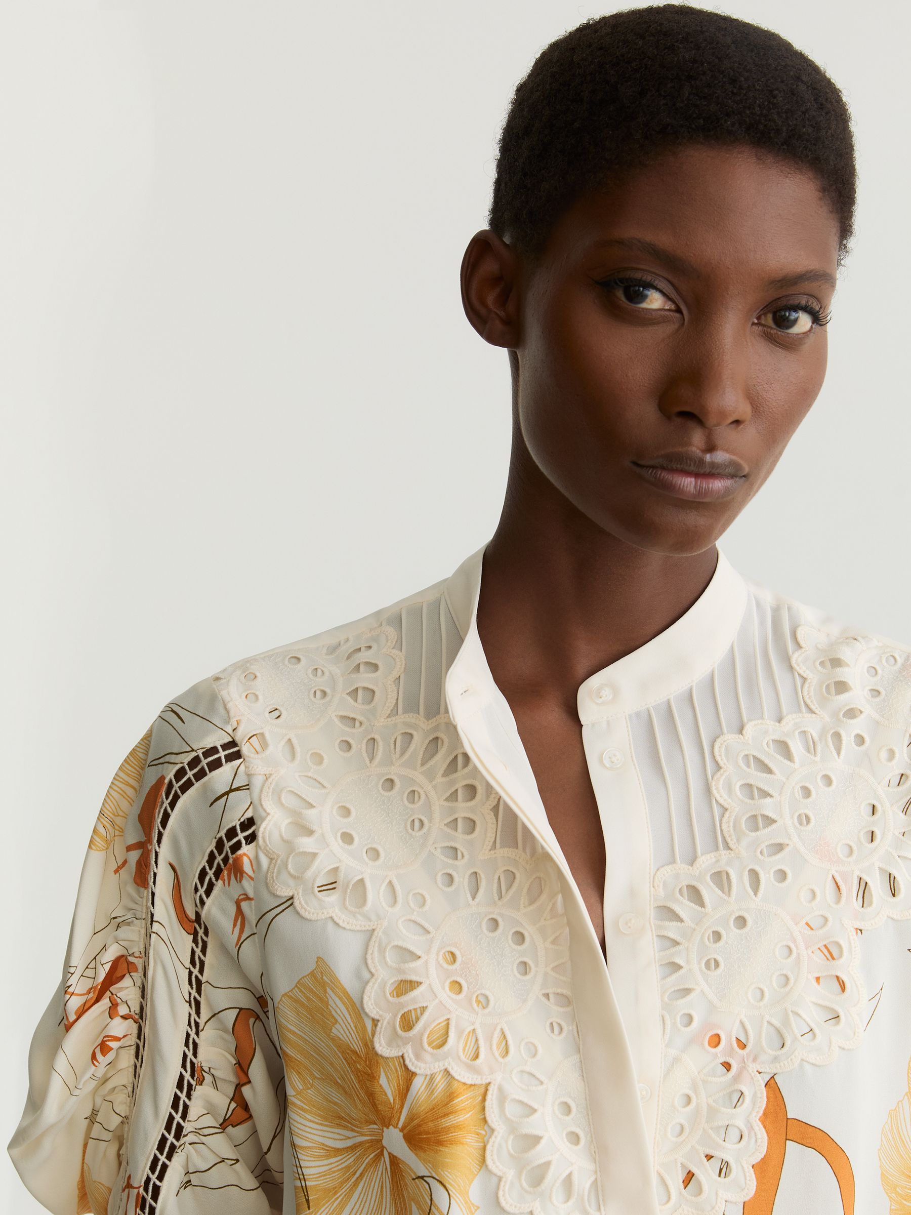 Buy Reiss Ivory/Pink Louisa Floral-Print Lace-Trim Blouse from