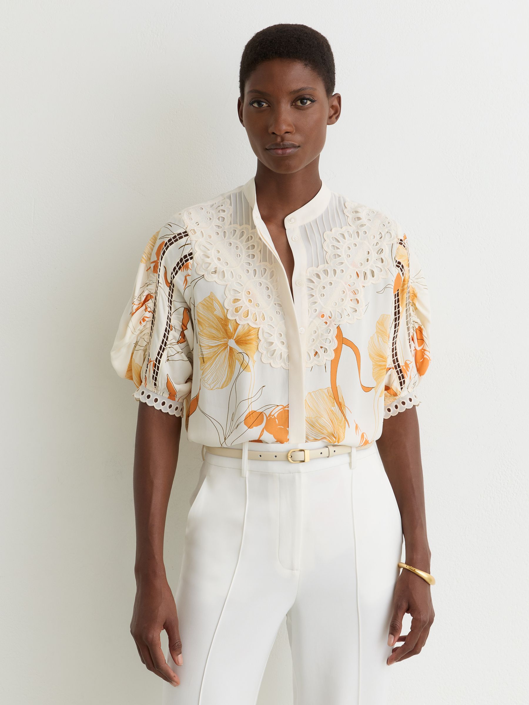 Buy Reiss Ivory/Pink Louisa Floral-Print Lace-Trim Blouse from