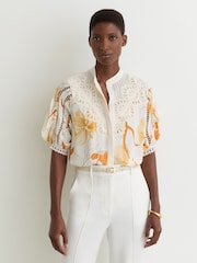 Reiss Ivory/Pink Louisa Floral-Print Lace-Trim Blouse - Image 4 of 6