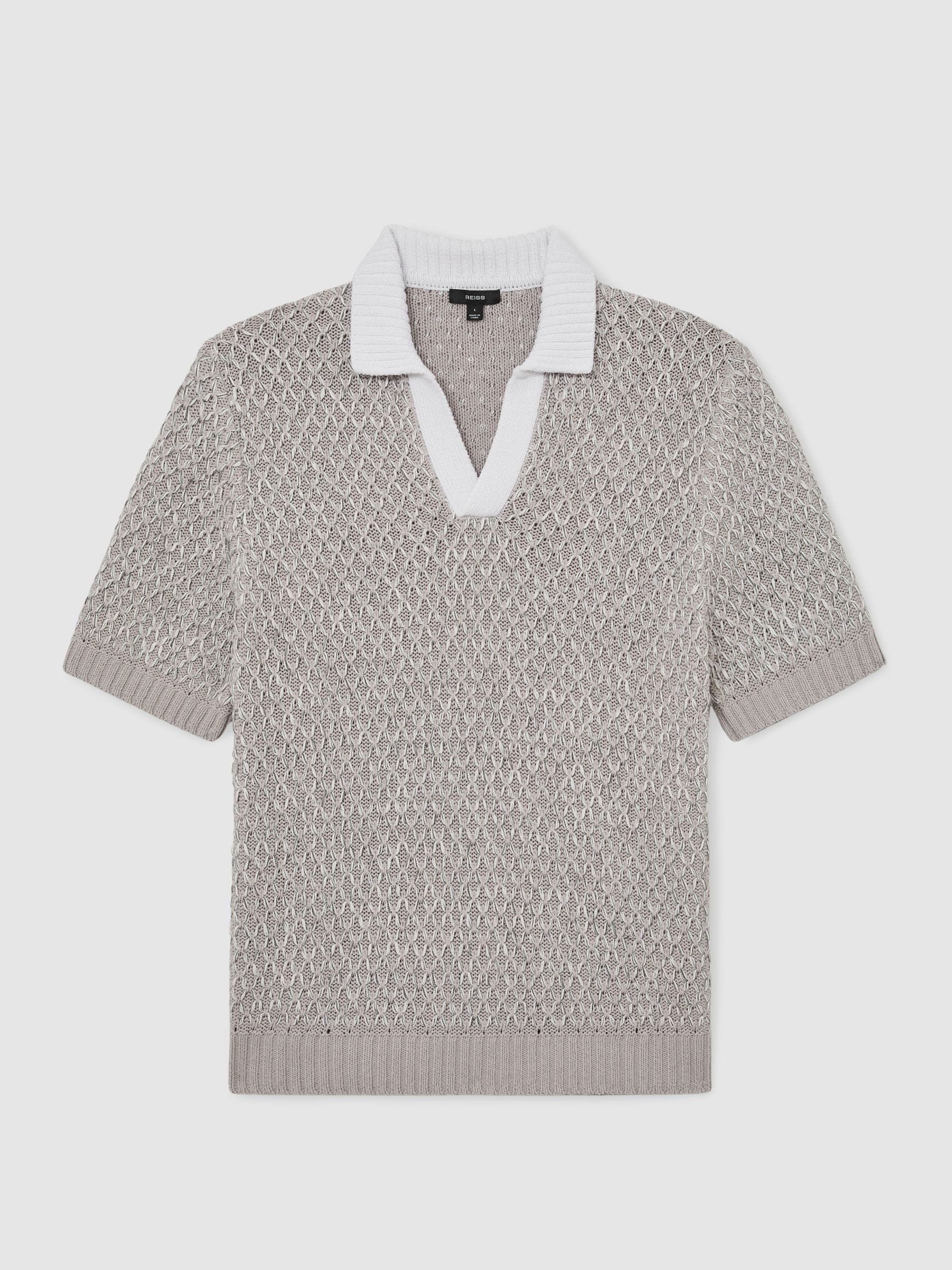 Buy Reiss Soft Grey Cole Stitch-Detail Open-Collar Knit Polo Shirt