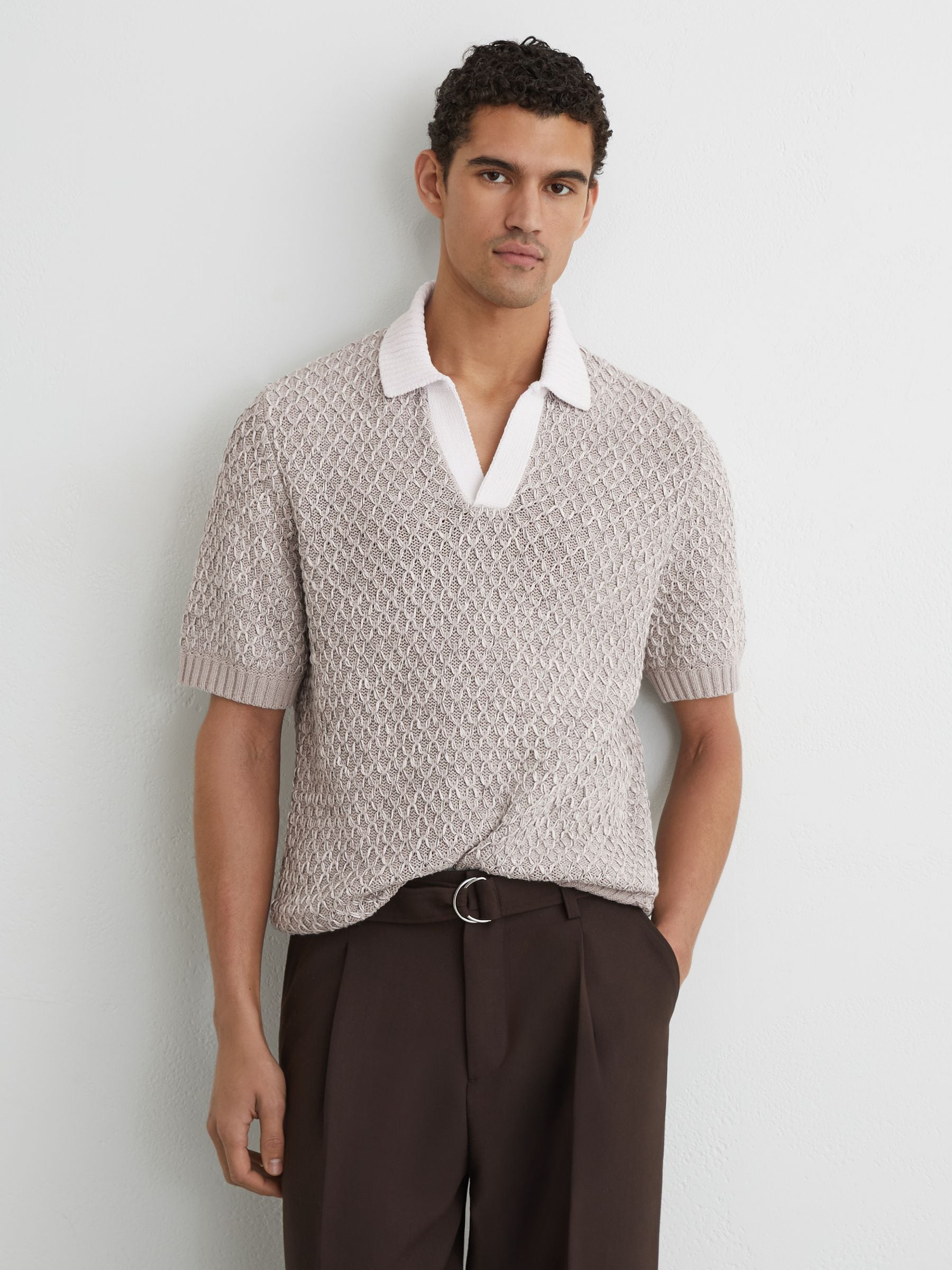 Buy Reiss Soft Grey Cole Stitch-Detail Open-Collar Knit Polo Shirt
