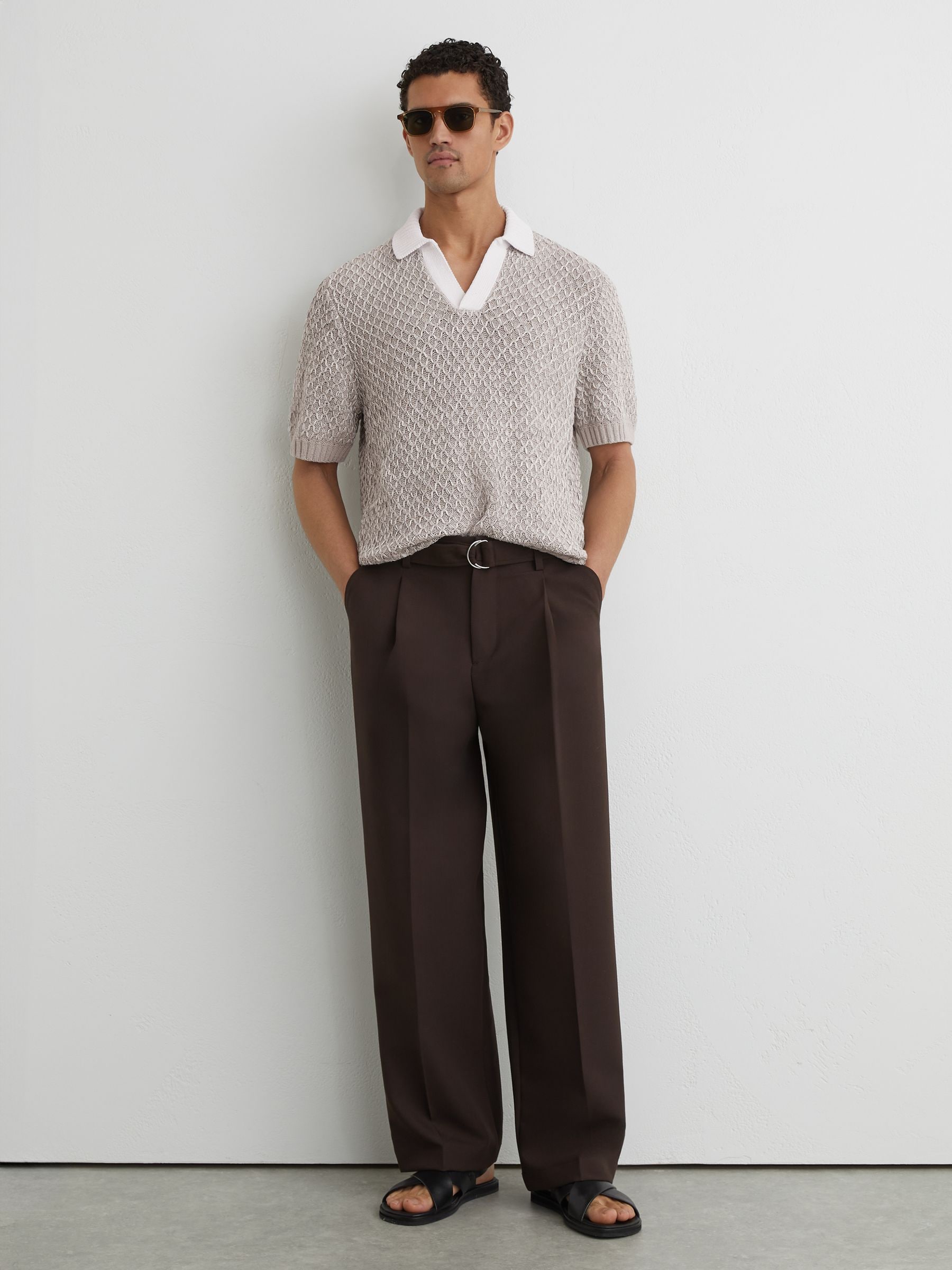 Buy Reiss Soft Grey Cole Stitch-Detail Open-Collar Knit Polo Shirt