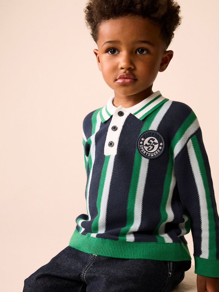 グリーン / ネイビー - Stripe Knitted Polo Shirt (3mths-7yrs) - 画像 1 / 8