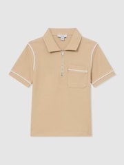 Reiss Oatmeal Percy 9-13 yrs Cotton Textured-Knit Half-Zip Polo Shirt - Image 2 of 3