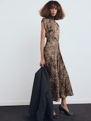 Mango Brown Leopard Print High Neck Sleeveless Satin Maxi Dress - Image 1 of 4