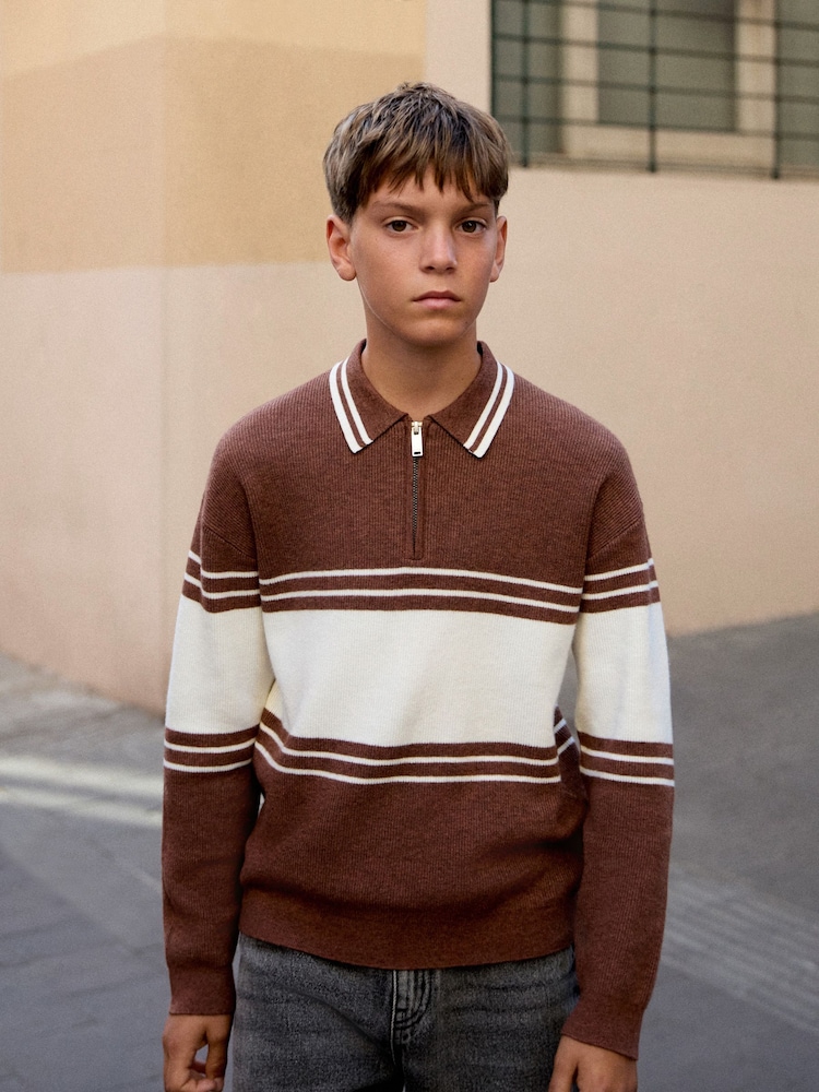 Rust Brown Colourblock Knitted Zip Neck Polo Shirt (3-16yrs) - Image 1 of 8