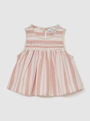 Reiss Pink Elsbeth 3-9 yrs Cotton-Linen Striped Babydoll Top - Image 1 of 3