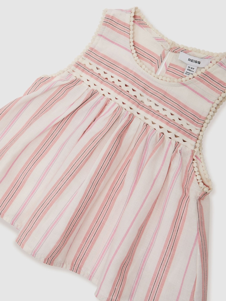 Reiss Pink Elsbeth 3-9 yrs Cotton-Linen Striped Babydoll Top - Image 3 of 3