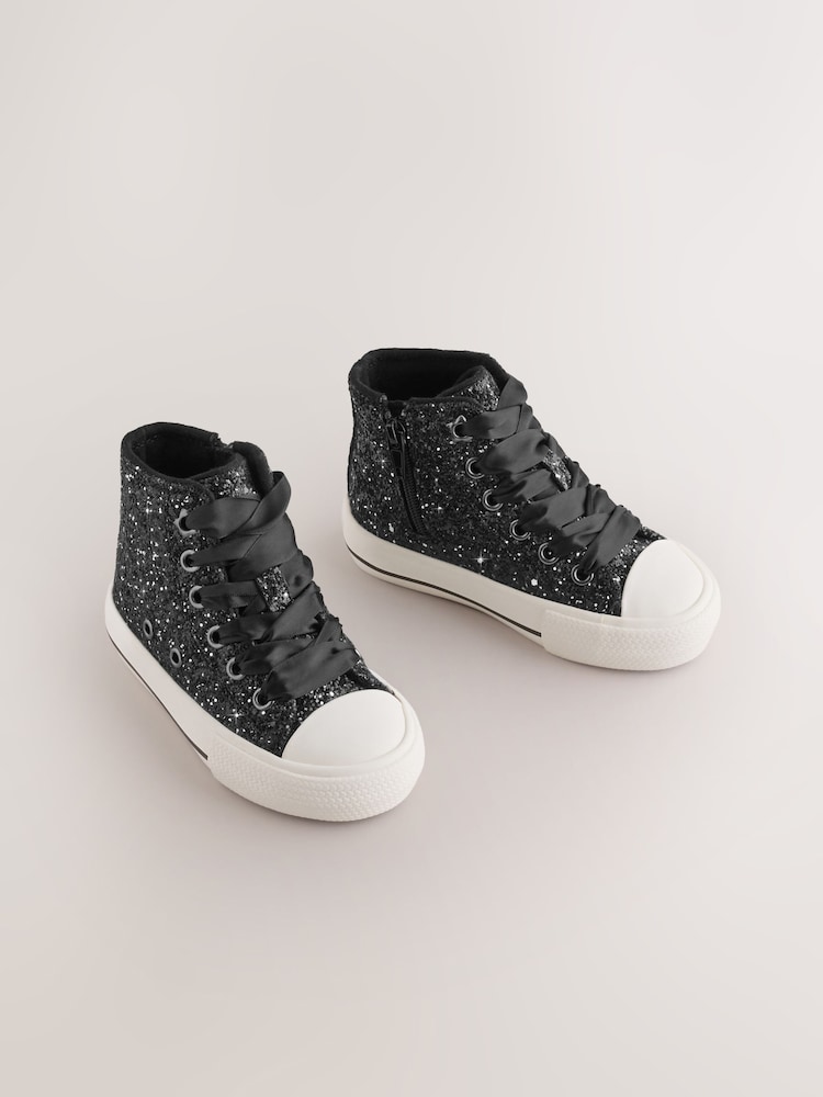 Black Glitter Standard Fit (F) High Top Trainers - Image 1 of 5 Black Glitter Standard Fit (F) High Top Trainers - Image 1 of 5