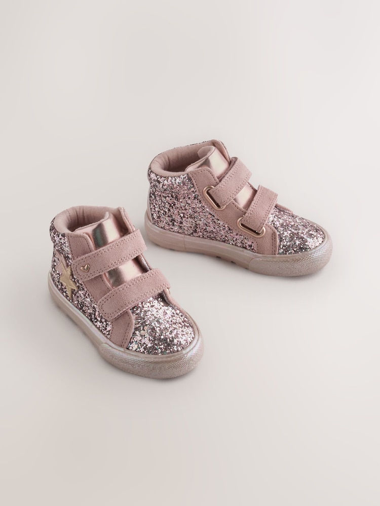 Pink Glitter Wide Fit (G) Touch Fastening High Top Trainers - Image 1 of 5 Pink Glitter Wide Fit (G) Touch Fastening High Top Trainers - Image 1 of 5