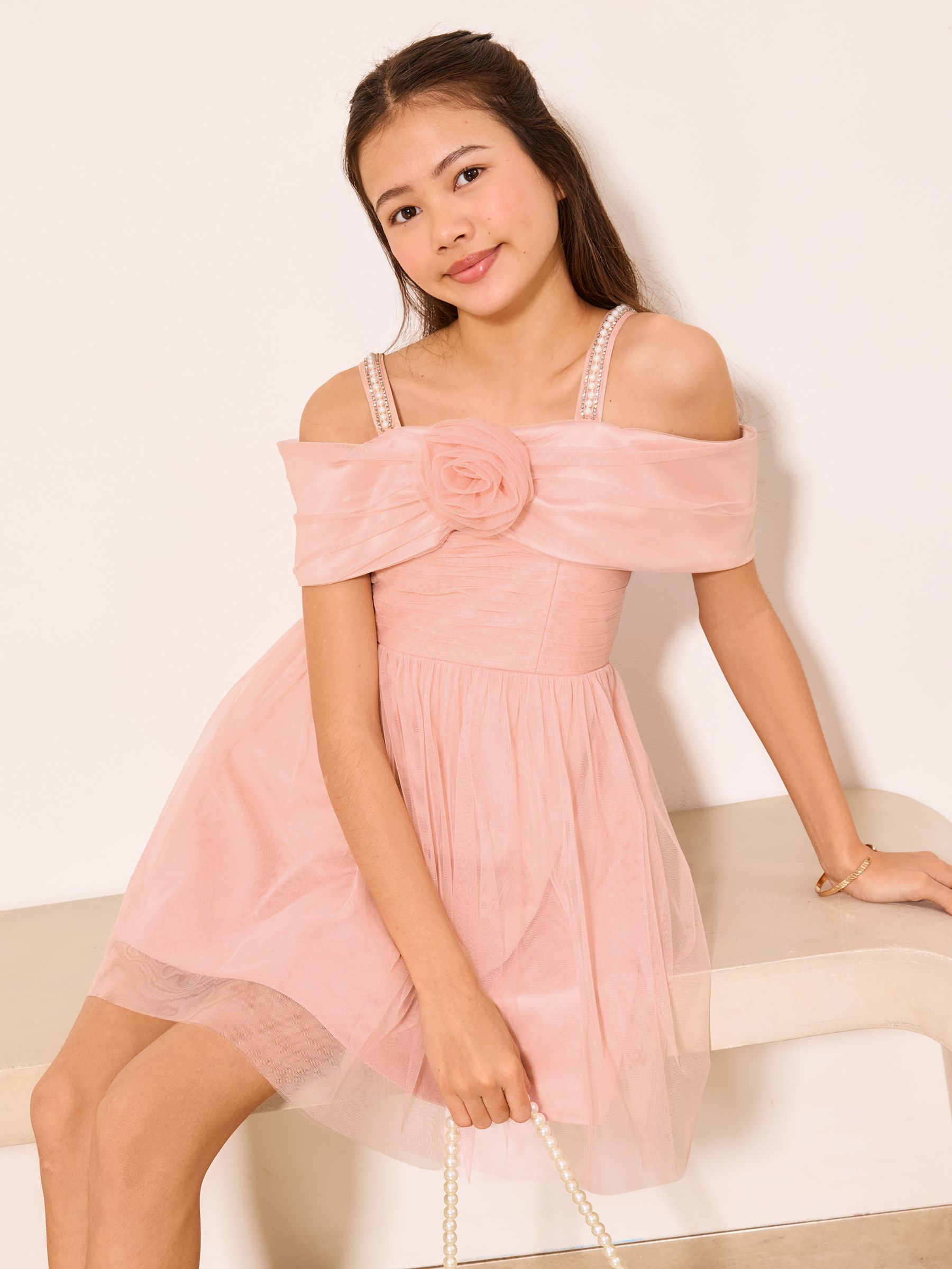 Buy Lipsy Pink Bardot Mesh Corsage Occasion Dress (7-16yrs) from