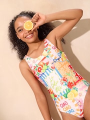 Lipsy Orange Ciao Bella Print Scoop Neck Textured Swimsuit (5-16yrs) - Image 1 of 5