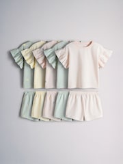 The Set 5 Pack Cotton Jersey Frill Sleeve T-Shirt and Shorts Pyjamas Set Green/Yellow/Pink/Cream - Image 1 of 13