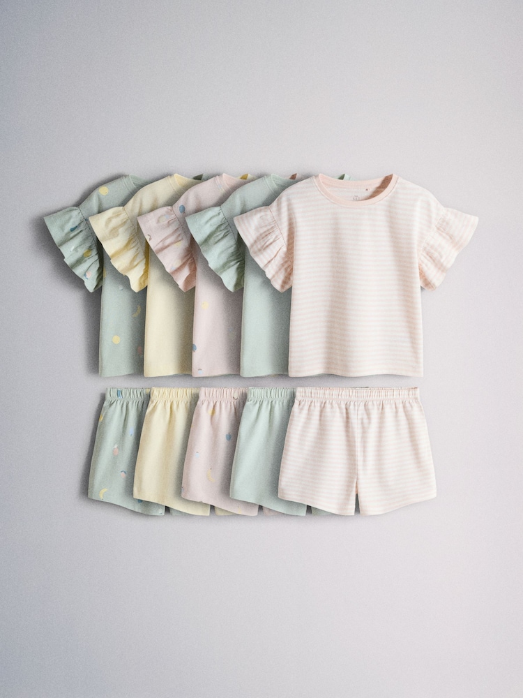 The Set 5 Pack Cotton Jersey Frill Sleeve T-Shirt and Shorts Pyjamas Set Green/Yellow/Pink/Cream - Image 1 of 13