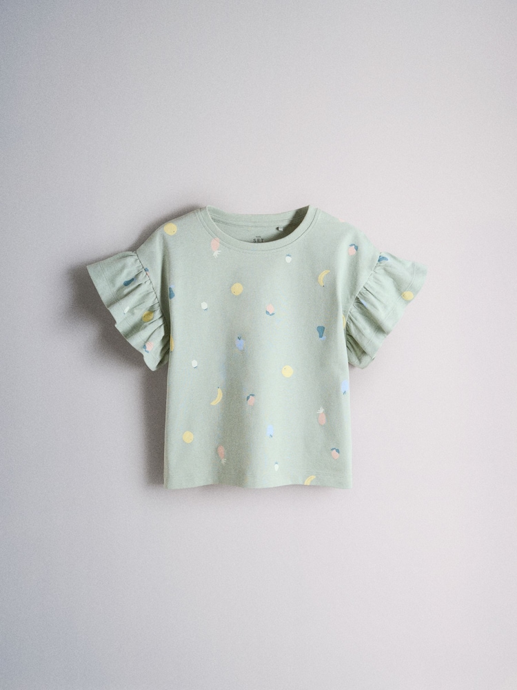 The Set 5 Pack Cotton Jersey Frill Sleeve T-Shirt and Shorts Pyjamas Set Green/Yellow/Pink/Cream - Image 2 of 13