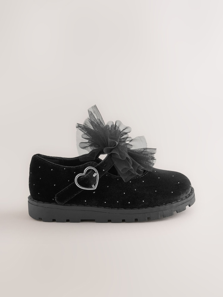 Black Velvet Shimmer Standard Fit (F) Chunky Bow Mary Jane Shoes - Image 2 of 5 Black Velvet Shimmer Standard Fit (F) Chunky Bow Mary Jane Shoes - Image 2 of 5