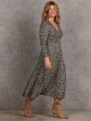 Live Unlimited Black Petite Feather Print Puff Sleeve Wrap Dress - Image 1 of 3