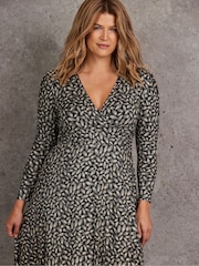 Live Unlimited Black Petite Feather Print Puff Sleeve Wrap Dress - Image 2 of 3