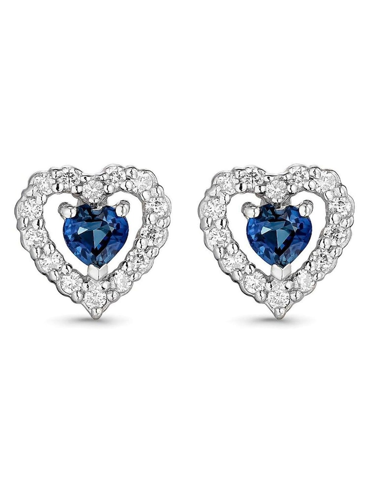 Beaverbrooks Silver White Gold 9Ct Diamond Sapphire Heart Earrings - Image 1 of 4