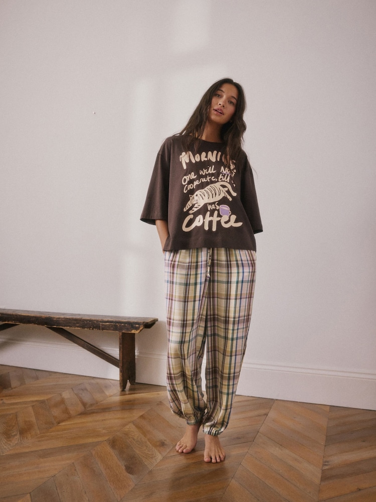 Chocolate Brown Graphic Print Short Sleeve Balloon Trousers Pyjamas - Image 1 of 11 Chocolate Brown Graphic Print Short Sleeve Balloon Trousers Pyjamas - Image 1 of 11