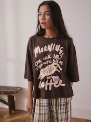 Chocolate Brown Graphic Print Short Sleeve Balloon Trousers Pyjamas - Image 2 of 11