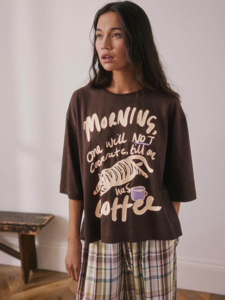 Chocolate Brown Graphic Print Short Sleeve Balloon Trousers Pyjamas - Image 2 of 11 Chocolate Brown Graphic Print Short Sleeve Balloon Trousers Pyjamas - Image 2 of 11