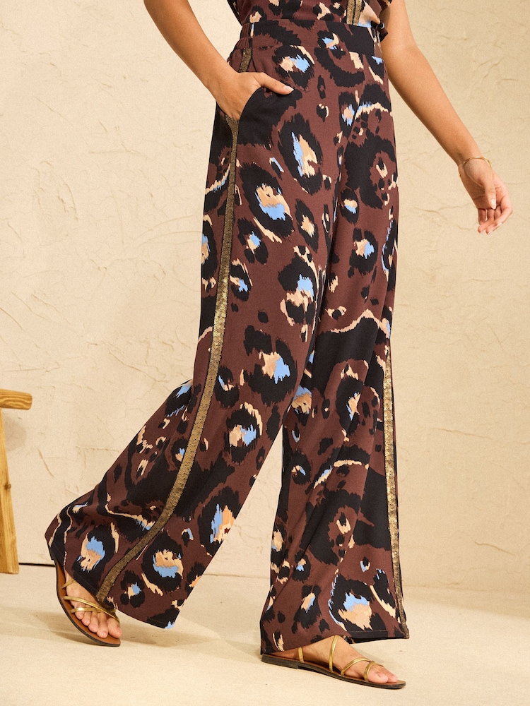 Love & Roses Chocolate Brown Animal Sequin Side Stripe Wide Leg Trousers - Image 1 of 4