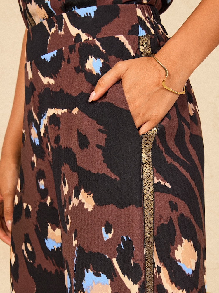 Love & Roses Chocolate Brown Animal Sequin Side Stripe Wide Leg Trousers - Image 2 of 4