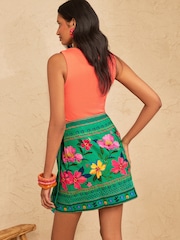Love & Roses Bright Green Floral Printed Linen Wrap Mini Skirt - Image 3 of 5