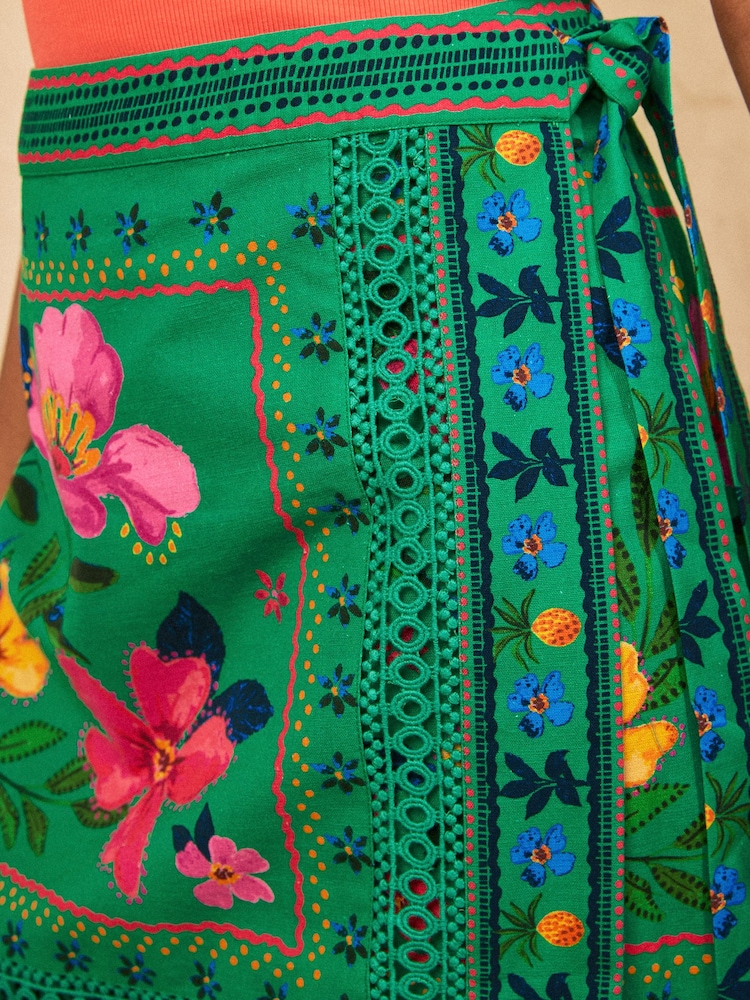 Love & Roses Bright Green Floral Printed Linen Wrap Mini Skirt - Image 5 of 5