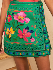 Love & Roses Bright Green Floral Printed Linen Wrap Mini Skirt - Image 7 of 7