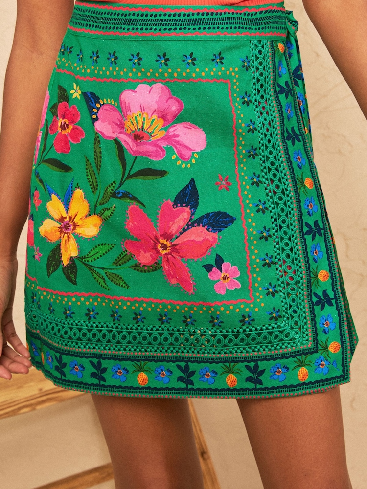 Love & Roses Bright Green Floral Printed Linen Wrap Mini Skirt - Image 7 of 7