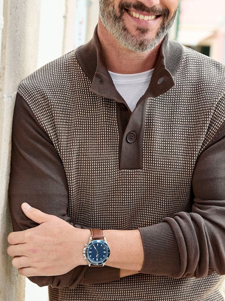 Cotton Traders Brown Half Button Textured Birdseye Jumper - Image 4 of 4 Cotton Traders Brown Half Button Textured Birdseye Jumper - Image 4 of 4