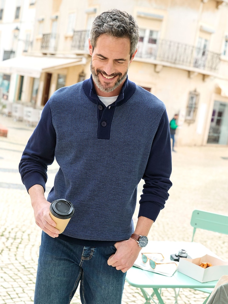 Cotton Traders Blue Half Button Textured Birdseye Jumper - Image 1 of 4 Cotton Traders Blue Half Button Textured Birdseye Jumper - Image 1 of 4