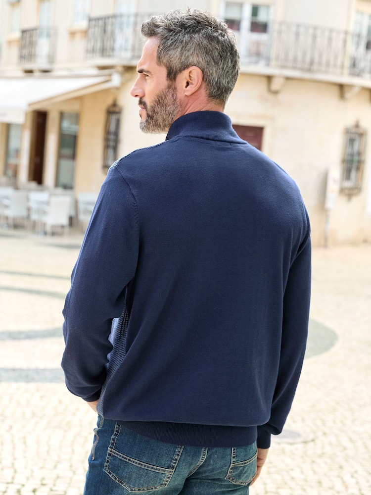 Cotton Traders Blue Half Button Textured Birdseye Jumper - Image 2 of 4 Cotton Traders Blue Half Button Textured Birdseye Jumper - Image 2 of 4