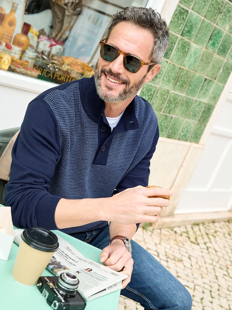 Cotton Traders Blue Half Button Textured Birdseye Jumper - Image 4 of 4 Cotton Traders Blue Half Button Textured Birdseye Jumper - Image 4 of 4