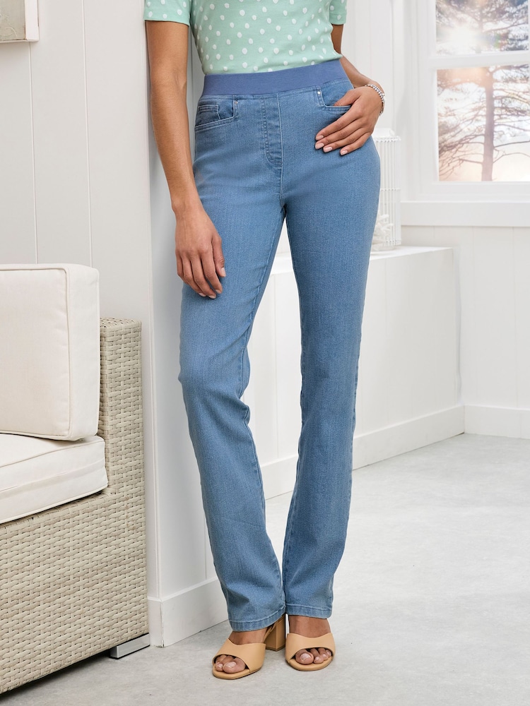 Cotton Traders Blue Premium Pull-On Straight-Leg Jeans - Image 1 of 4 Cotton Traders Blue Premium Pull-On Straight-Leg Jeans - Image 1 of 4