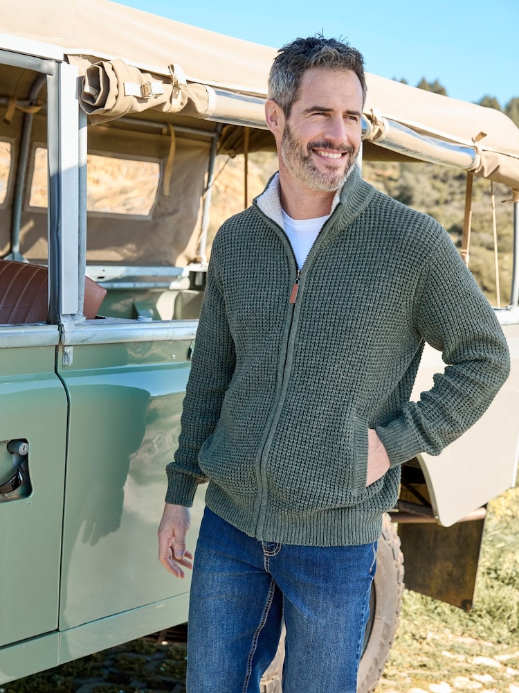 Cotton Traders Green Sherpa Trim Cardigan - Image 1 of 5 Cotton Traders Green Sherpa Trim Cardigan - Image 1 of 5
