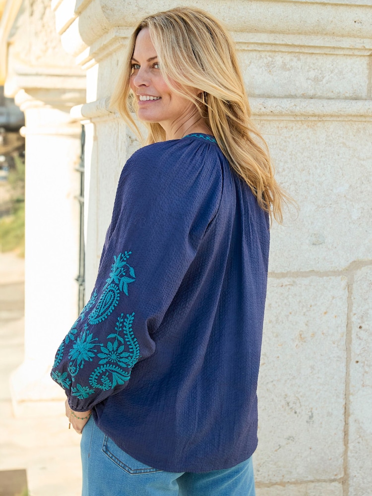 Cotton Traders Blue Embroidered Blouse - Image 2 of 5 Cotton Traders Blue Embroidered Blouse - Image 2 of 5