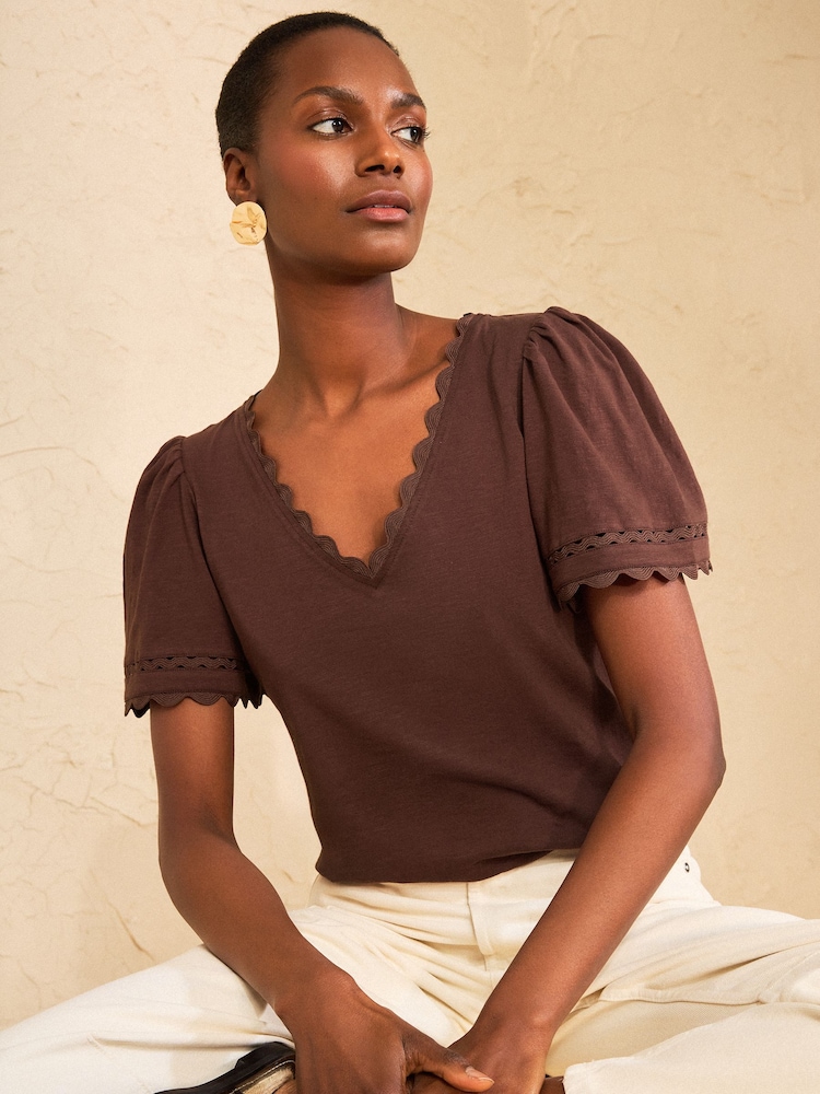 Love & Roses Chocolate Brown Scallop V-Neck T-Shirt - Image 1 of 4